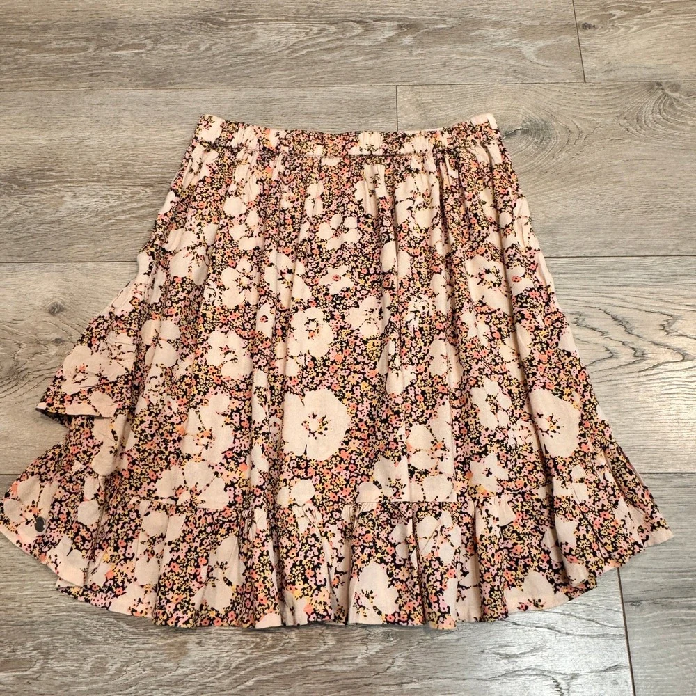 Roxy Floral Print Ruffle Tiered Mini Skirt Face to Love Xsmall XS Peach Pink‎